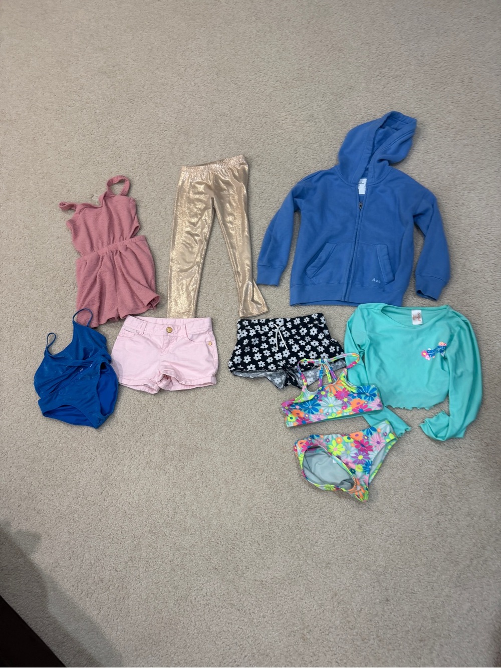 Girls Mixed Clothing Lot - Blue Hoodie, Floral Bikini, Pink Romper